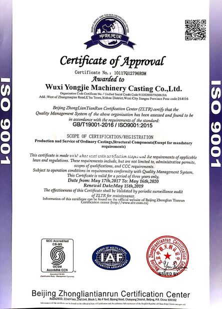 China Wuxi Yongjie Machinery Casting Co., Ltd. certificaten